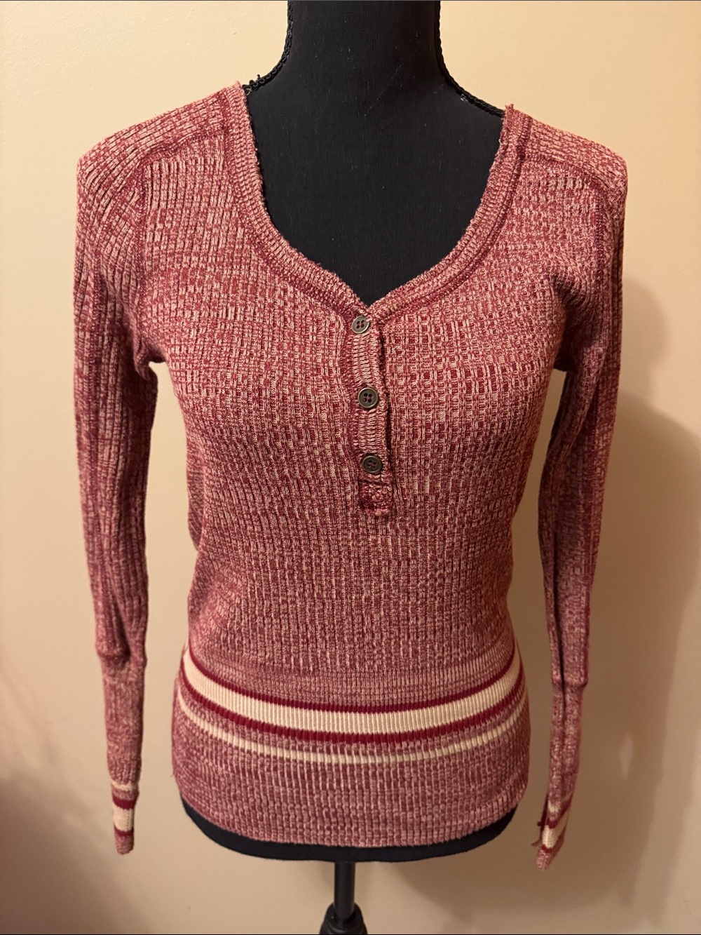 We The Free Marled Rose Henley Sweater with Contrast Stripes